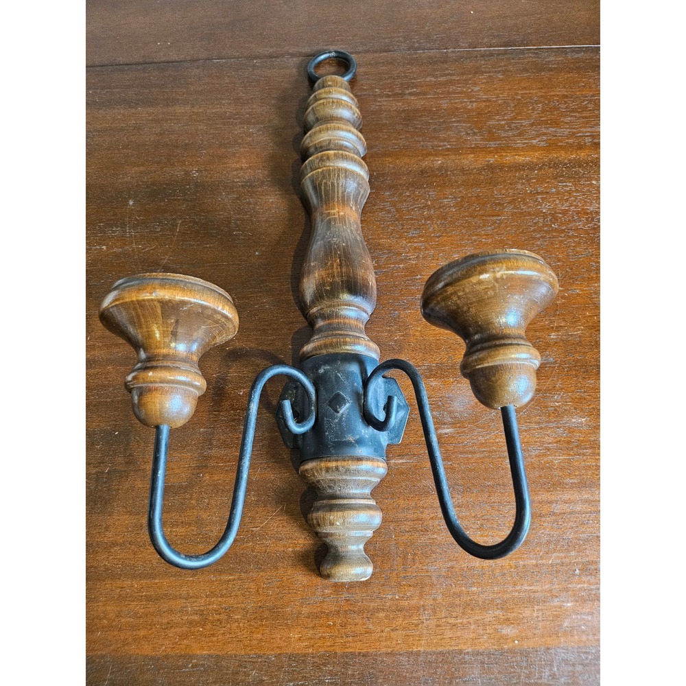 Vintage Wall Sconce Home Decor Brown Wood Metal Double Candle Holder